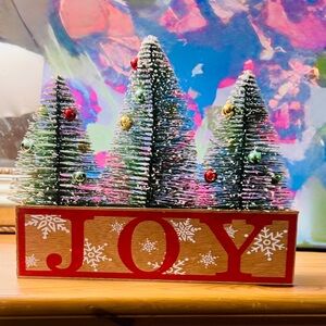 Holiday JOY Decoration with Green Trees and Red Base
